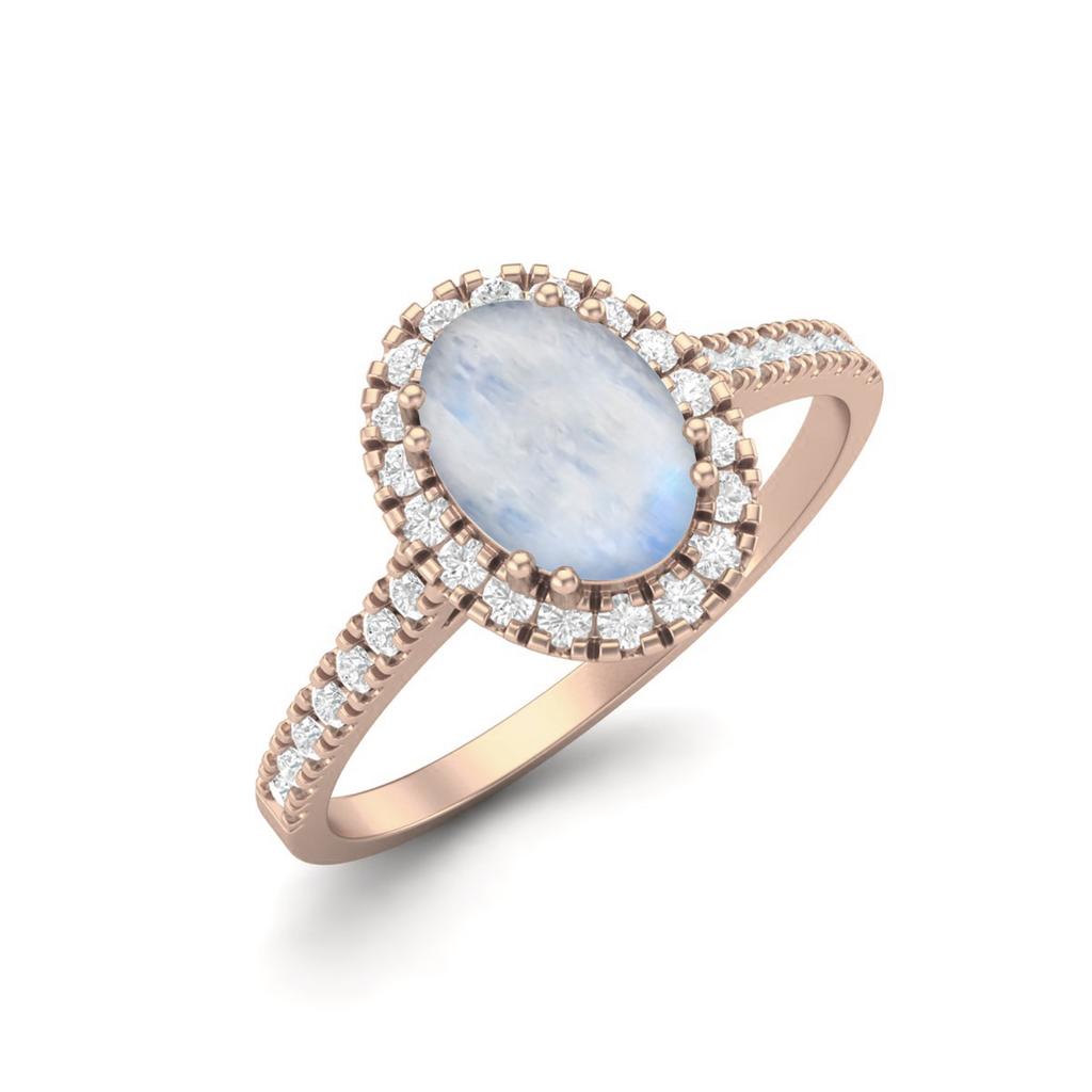 7x5 mm Oval Moonstone Halo 925 Sterling Silver Rose Vermeil Engagement Anniversary Women Ring