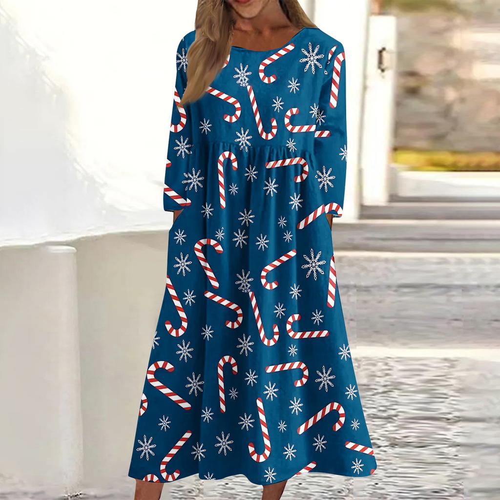 Women's Casual Round Neck Christmas Print Midi Dress Long Sleeve Pocket Dress