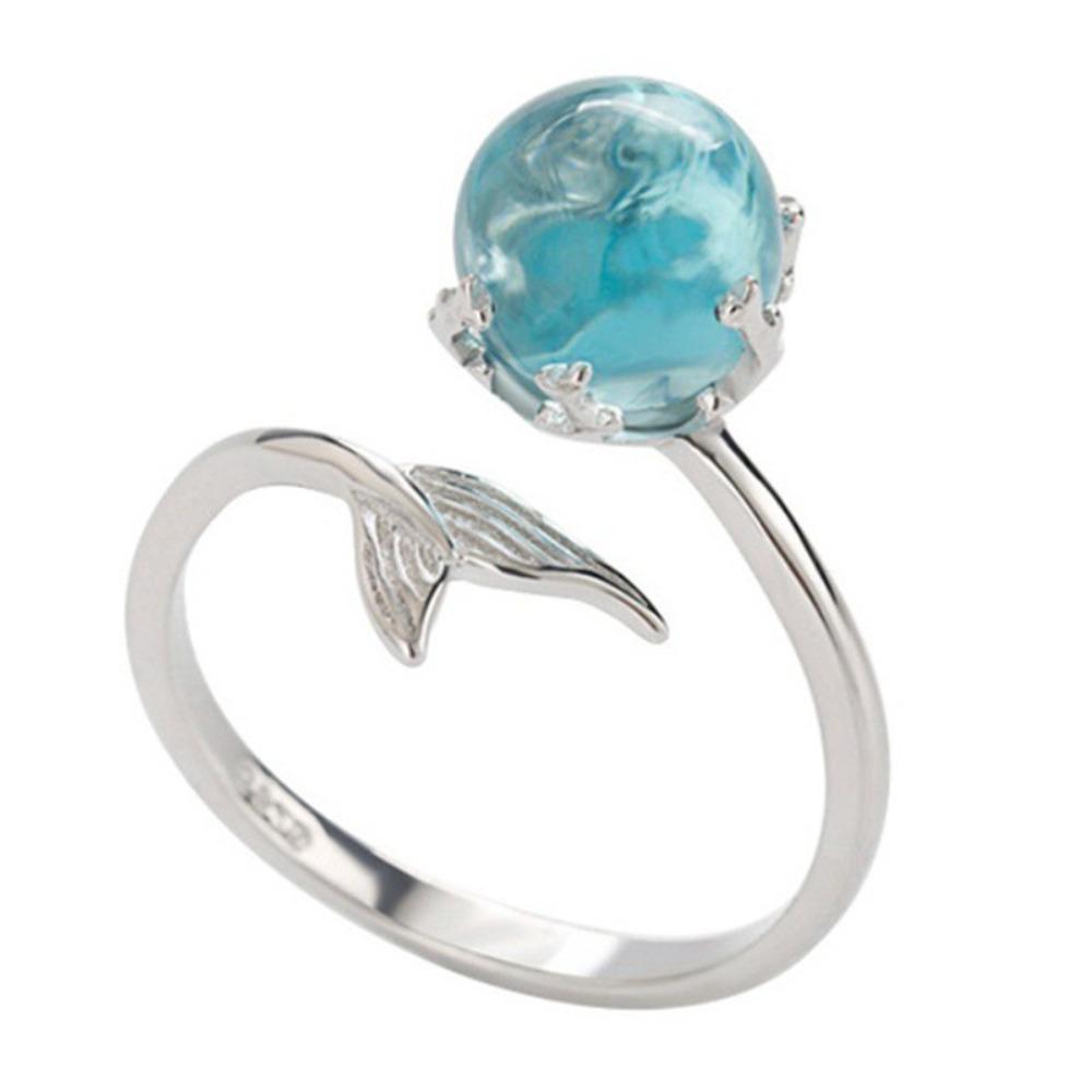 Open Ring Silver Plated Blue Crystal Mermaid Tail Adjustable Stylish Jewelry for Women