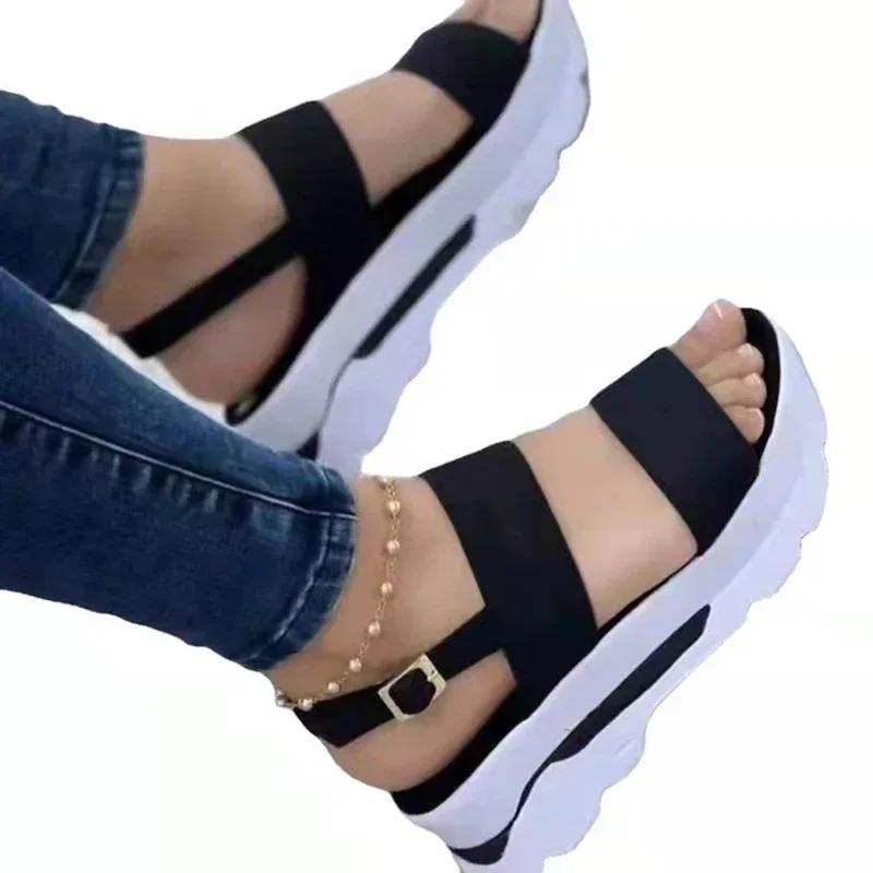 Fashion Women's Sandals New Summer Thick Bottom Solid Color Casual High Heel Sandals Fashion One Piece Buckle with Slope Heel Sandals