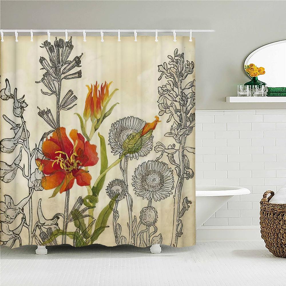 

Flowers Birds Butterfly Shower Curtain Bathroom Curtains European Retro Print Waterproof Polyeste Fabric Bathtub Decor With Hook W60H190(CM)-1 Pcs