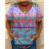 Colorful Floral Pattern Women's T-shirt Summer Outdoor Casual V-neck Short-sleeved Top OverSize Women's Clothing