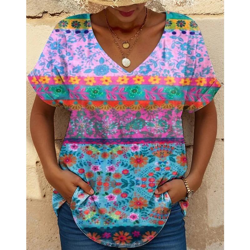 Colorful Floral Pattern Women's T-shirt Summer Outdoor Casual V-neck Short-sleeved Top OverSize Women's Clothing