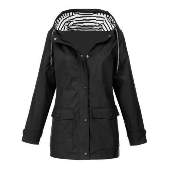 Women Coat Windproof Long Sleeves Hooded Drawstring Zipper Button Closure Pure Color Patch Pockets