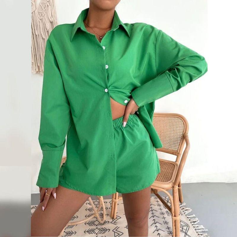 

Шорты с завышенной талией Женский простой костюм для леди Однотонные свободные шорты Минималистичный женский костюм green XL