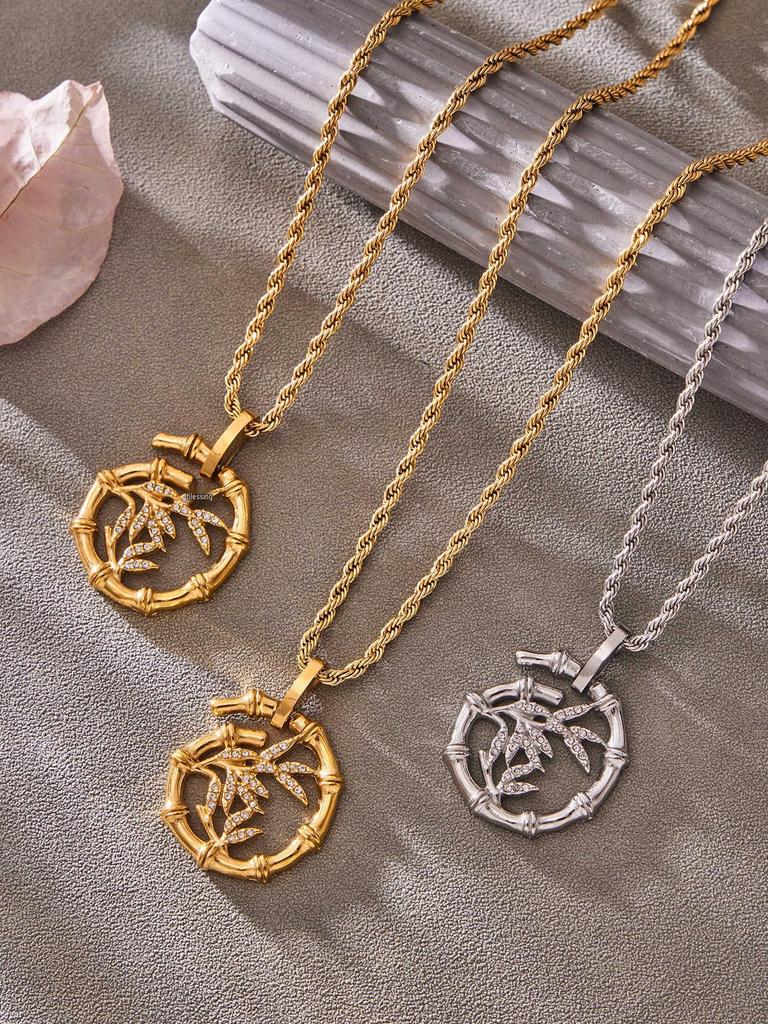 Elegant Bamboo & Diamond Pendant Necklace Bracelet with Freshwater Pearls On a Luxurious Braided Chain