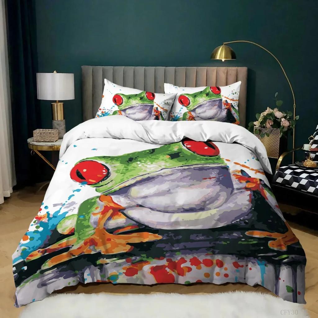 Top Frog Duvet Cover Set King Size Funny Frog Tropical Amphibian Bedding Set 3D Tropical Nature Animal Polyester Quilt Cover