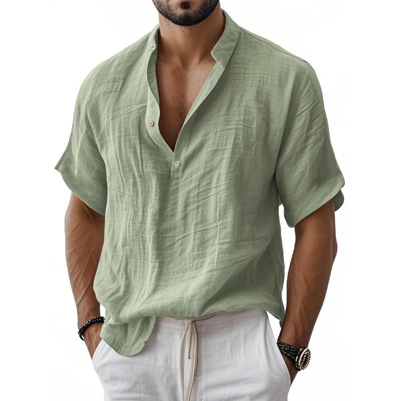 Men's Short Sleeve Linen Blend Shirt, Loose Fit Solid Color Mandarin Collar Pullover Shirt, Breathable Casual Top