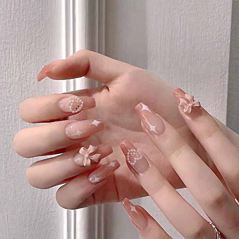 24 Pcs Pink Press on Nails Tips Almond Medium Long False Nails With Design Cute Fake Nails Press ons Fashion Nail Tips Full C