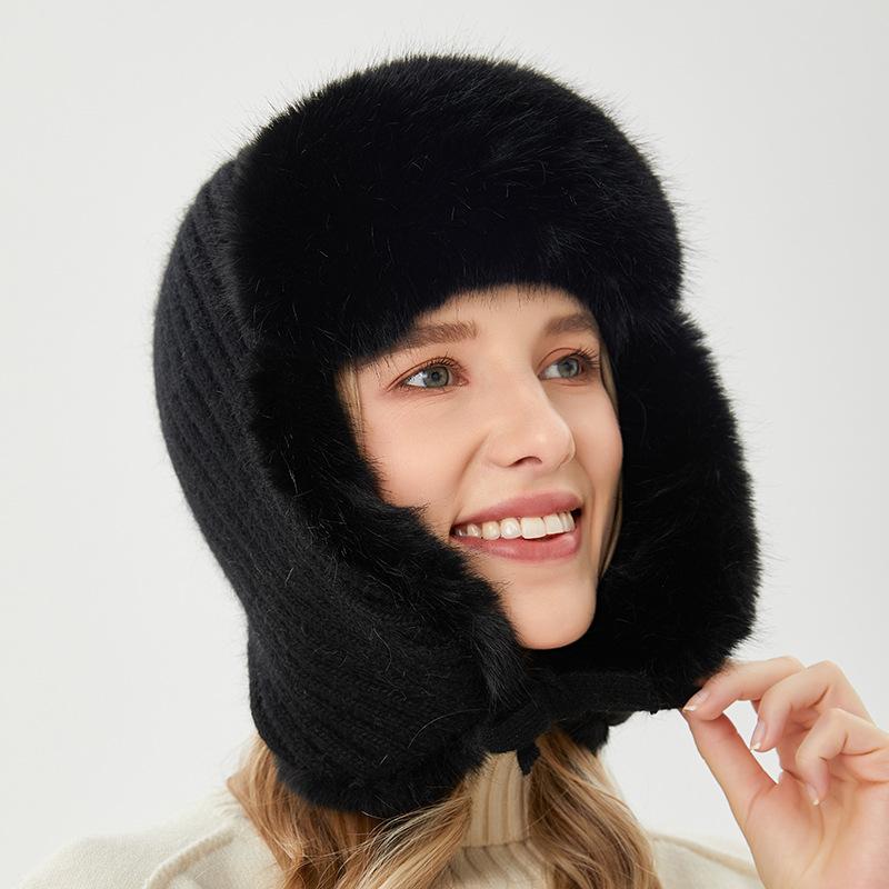 Lei Feng Hat Winter Women's Outdoor Riding Warm Hat Windproof and Cold Rabbit Fur Ear Hat