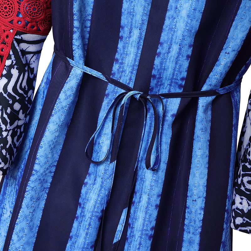 Plus Size Women 3/4 Sleeve Floral Striped Print Casual Loose Long Maxi Kaftan Dress