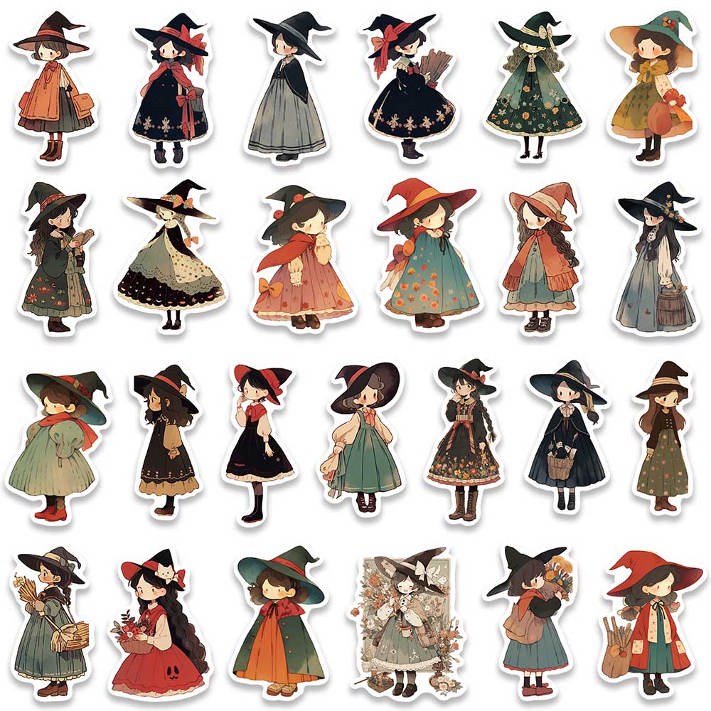 50Pcs Cute Cartoon Witch Girl Magic Anime Stickers Decals Laptop Motorcycle Phone Luggage Guitar Decoration Sticker Kids Toys