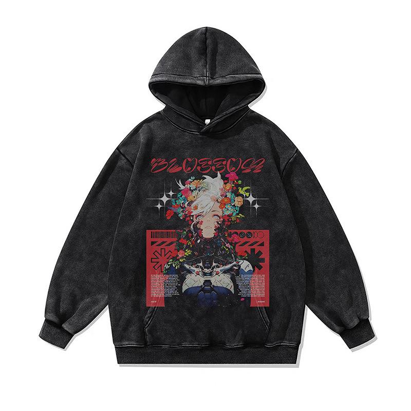 American Retro Cartoon Direct Injection Printing Hoodie Men And Women Autumn And Winter Oversize Washed Hooded Sweater