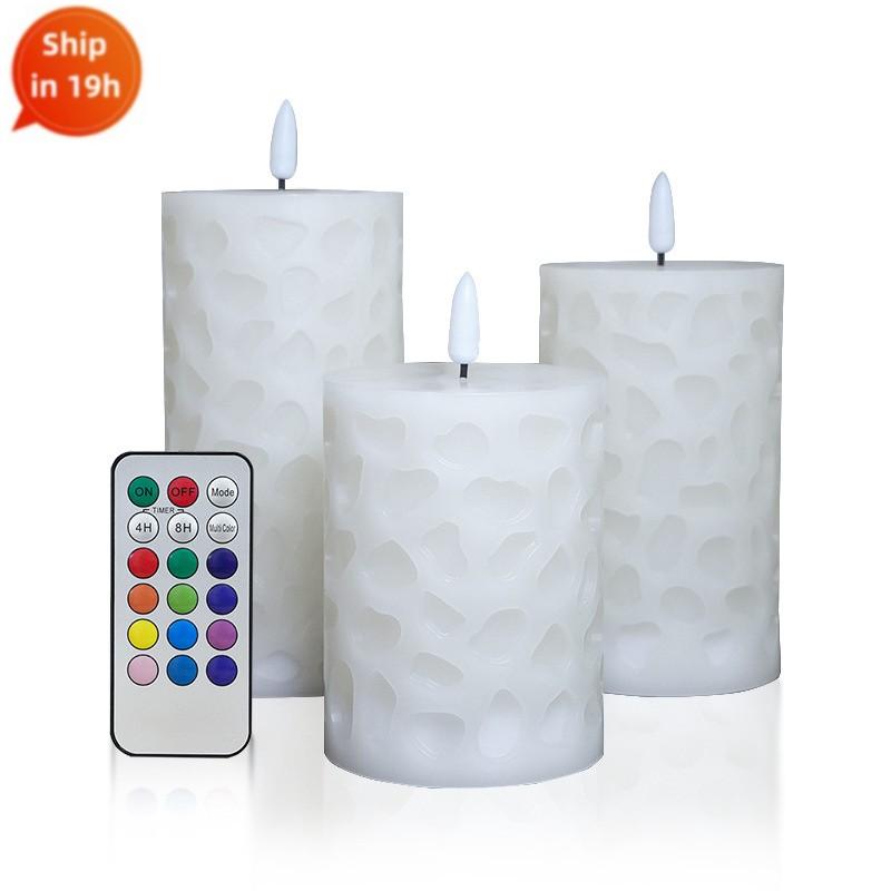 3-Pack Flameless LED Paraffin Wax Candles Battery Operated Remote Timer Emboss Window Light DIY Outdoor Indoor atmosphere Lamp