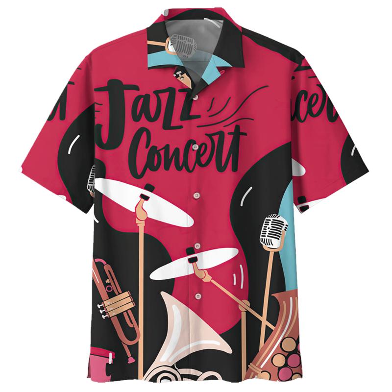 Saxophone Guitar Pattern Shirt For Men 3D Printed Musical Instrument Blouse Loose Lapel Short Sleeve Button Hawaiian Shirts