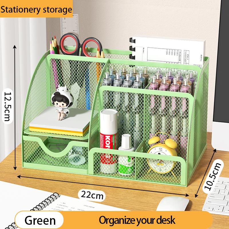 Mesh Pen Holder and Organizer Office Supplies with 7 Compartments, Desktop Organizer with Drawer, Metal Pen Holder for Desk