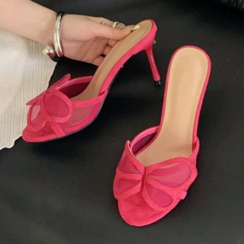 

Fashion High Quality Satin Mesh Slippers Women Sweet Bow Thin Heel Slide Sandals Elegant Fashion Brand Designer Shoes Sandalias De Mujer 35