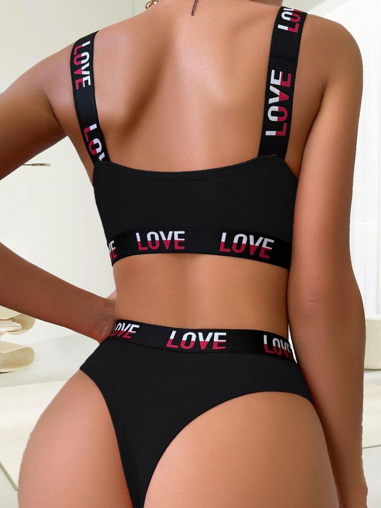 TERMEZY Damen Push-Up-BH-Set, sexy, Buchstaben-Sport-Weste, BH mit niedriger Taille, Tanga-Set, bügelloses Bralette-Dessous-Set aus Baumwolle