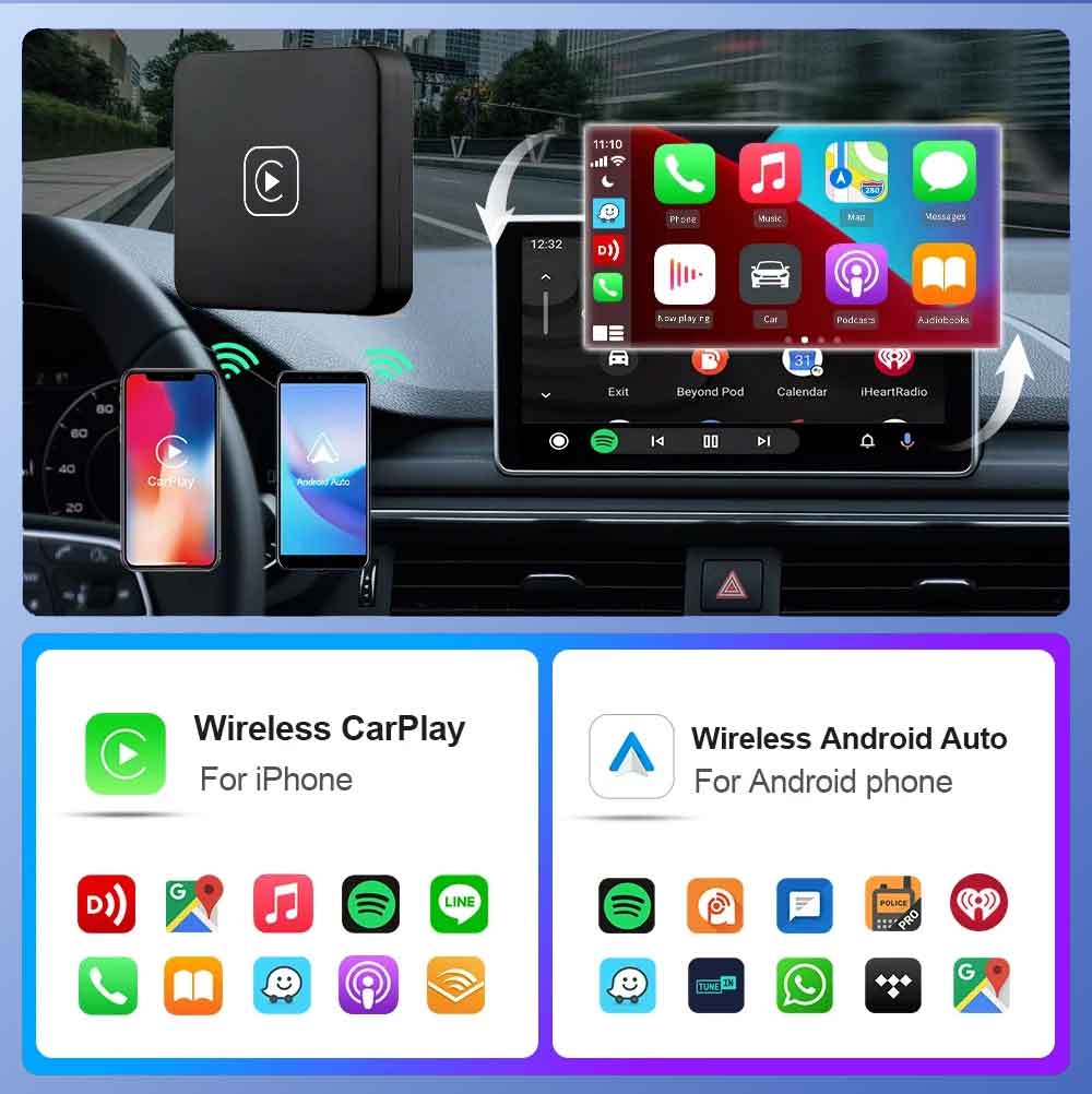 Mini Wireless Carplay Box Android Auto 2IN1 Wired To Wireless Adapter Dongle for Toyota Mazda Camry Suzuki Subaru Citroen Kia Ford Opel IOS Spotify BT