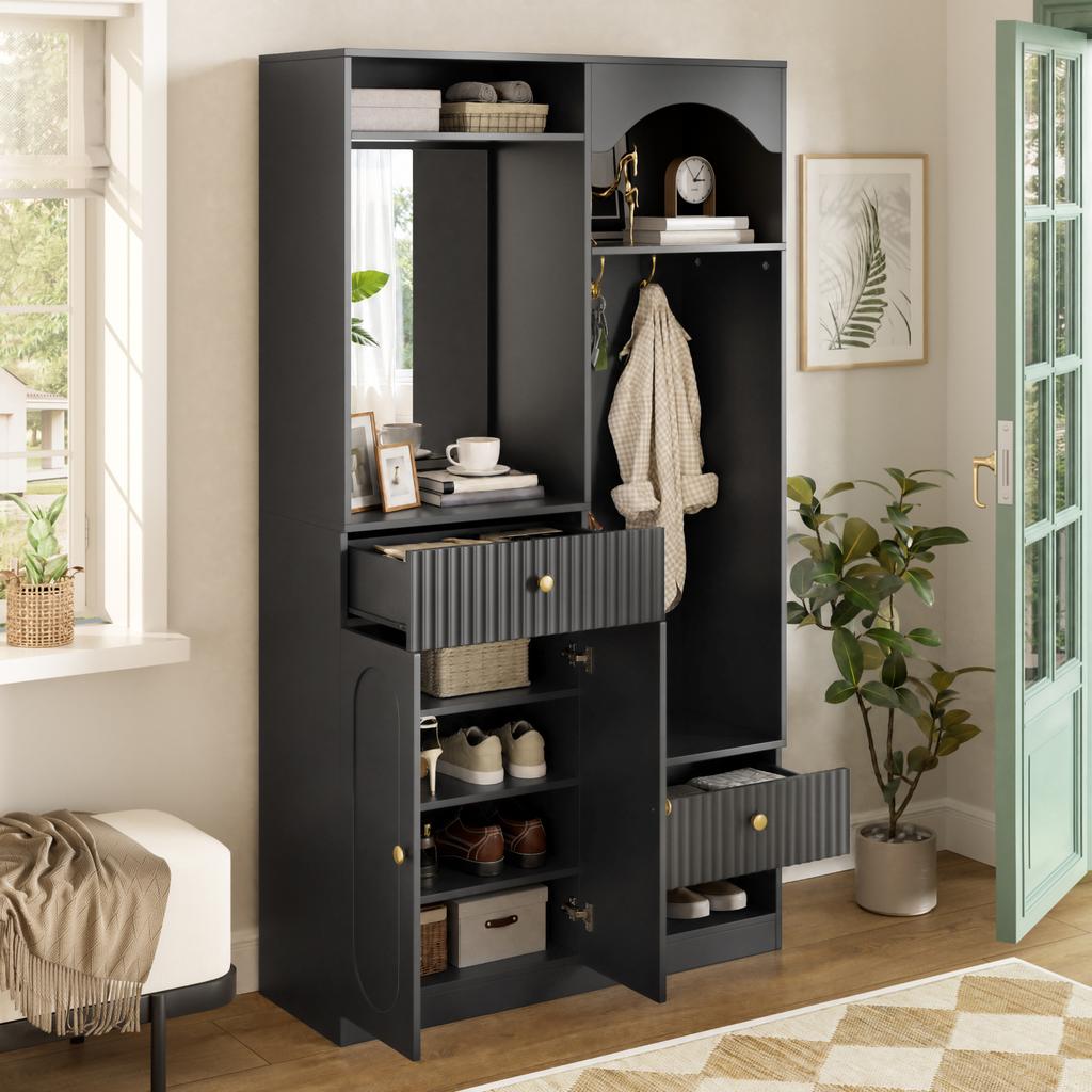 Kompakter Flurschrank mit Spiegel und Bank, Flurschrank mit Schuhschrank und Haken, Flurmöbel-Set, LED-Streifen mit einstellbarer Farbe