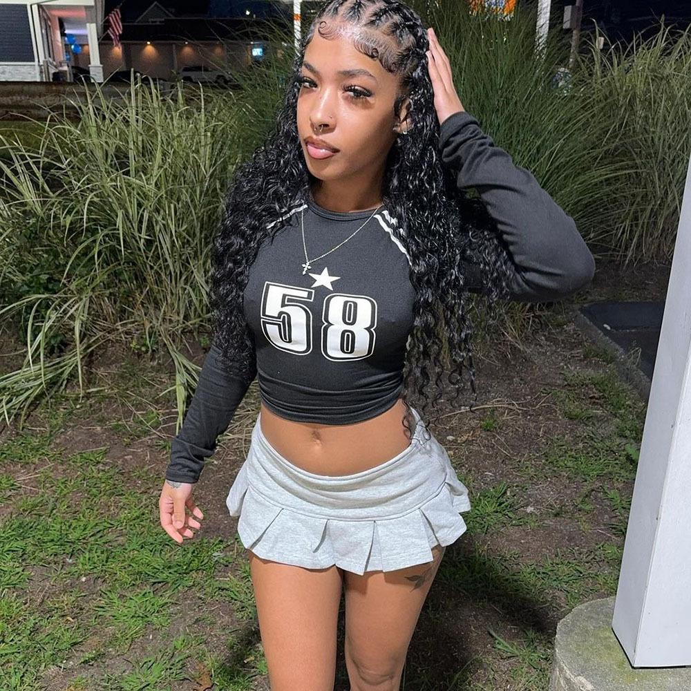 Spice Girl Style European and American Trend Women's T-Shirt Waist Versatile Skinny Printed Long Sleeve Top T-Shirt Women