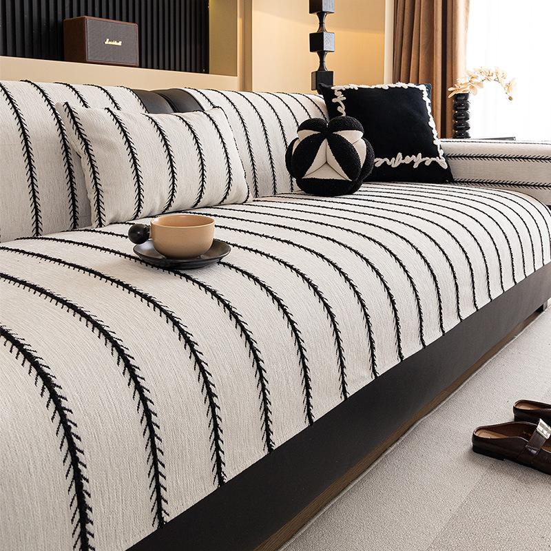 Stripe Jacquard Sofa Cover Living Room Sofa Towel Blanket Modern Simple Fixed Non-slip Seat Cushion High-end Light Luxury Style