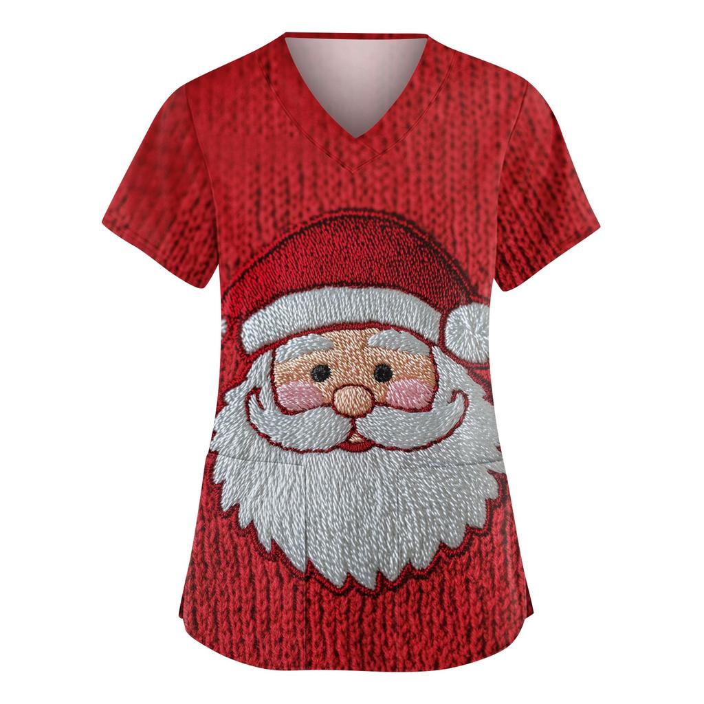 Women's Fashionable V-neck Workwear Christmas Printed Short Sleeved Pocket Side Slit Workwear Basic Pullover Top