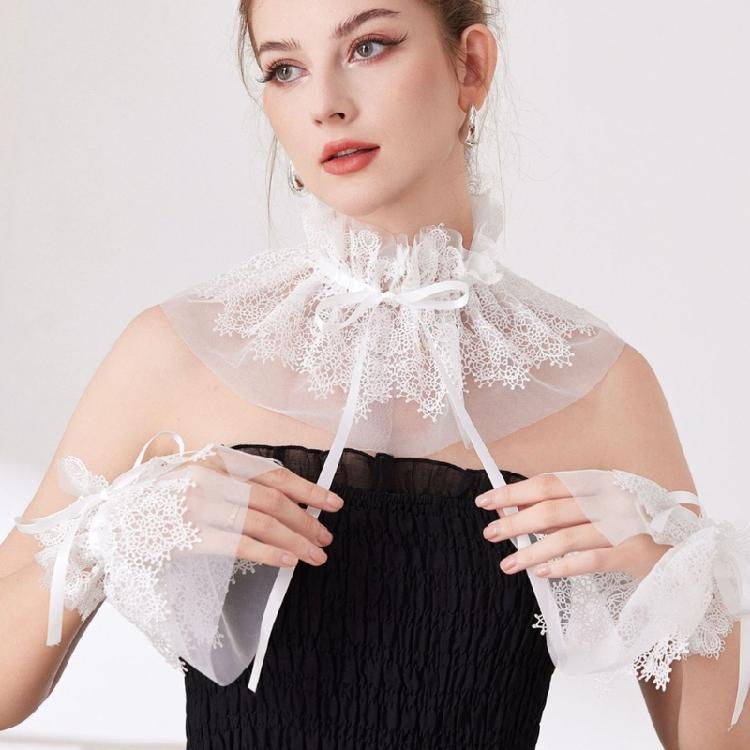 Detachable Ruffle Collar and Cuffs Lace Embroidered Accessory Set for Shirt Dresses Costumes and Event Wear Set