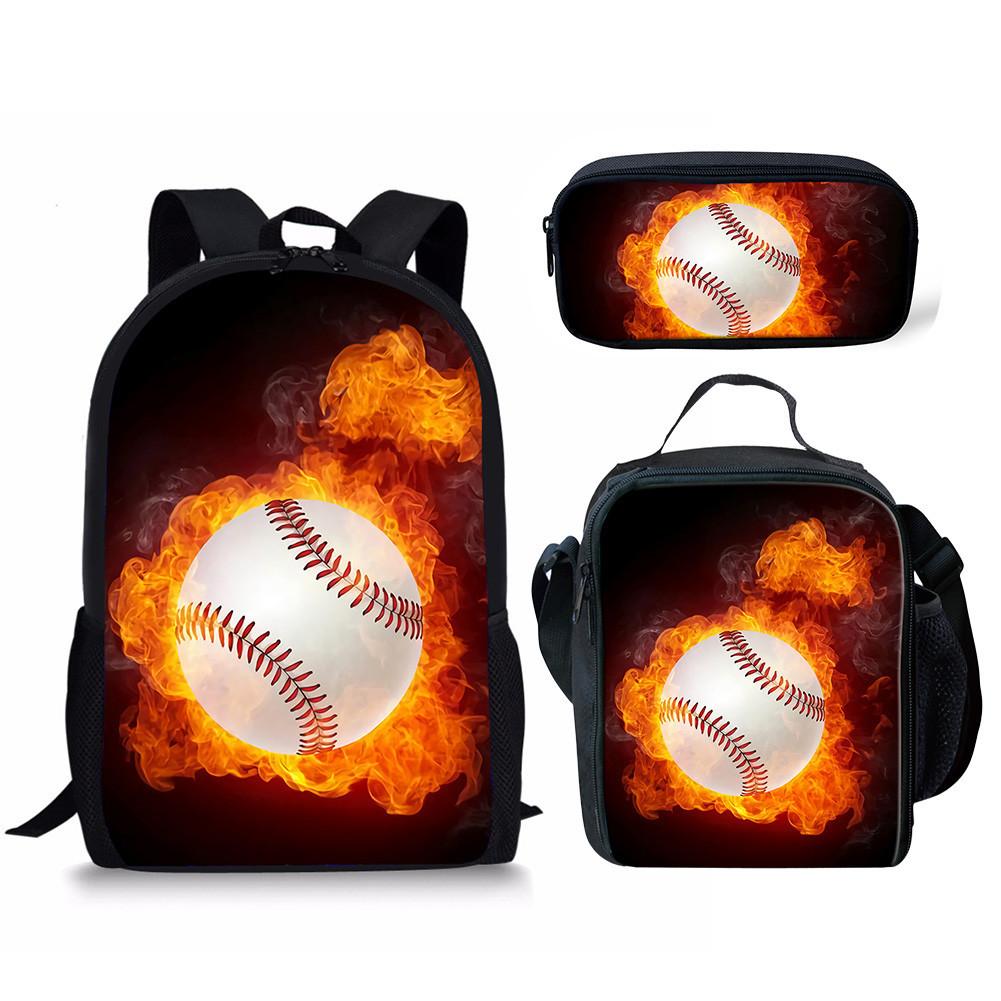 Backpack Basketball Water Fire Baseball Pattern School Bag Backpack Meal Bag Pencil Bag Three-Piece Set