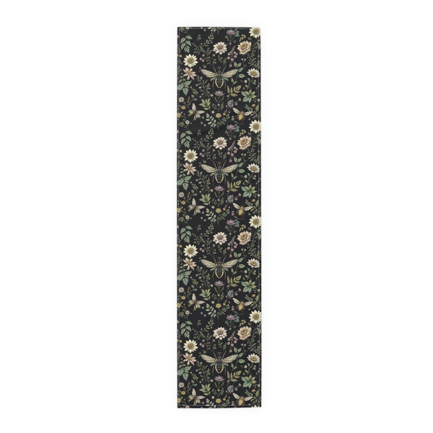 Chemin de table Fleurs Sauvages Vertes, Chemin de table en Coton Floral Sorcier Gothic Dark Academia, Botanique Cottagecore Fermière 150x33cm