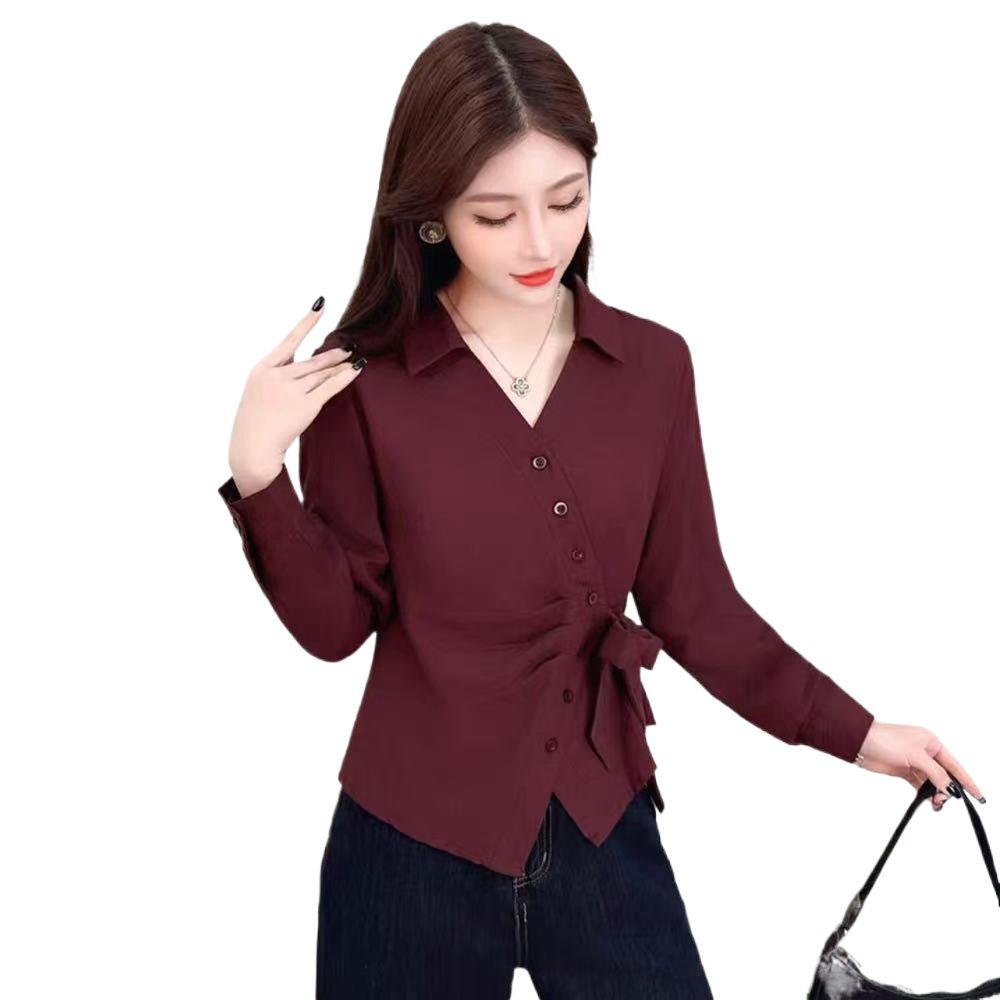 Autumn 2025 Fashion Bow Long-Sleeved Waist-Cinched Irregular Blouse