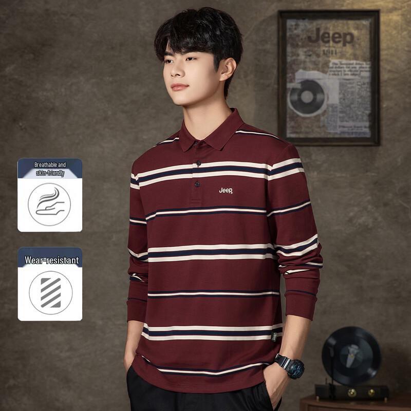 JEEP Men s Classic Casual Striped Long-Sleeve Polo Shirt 2XL вино красного