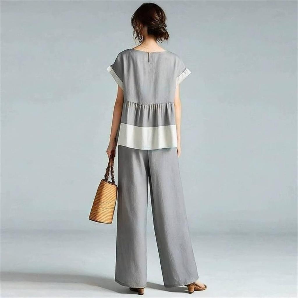[YUANYUAN] Women's Summer Set - Two-Piece Top & Long Pants - Wide Leg Pants, Round Neck, Short Sleeves, Frills, Color Matching, Cute, Stylish, Casual,