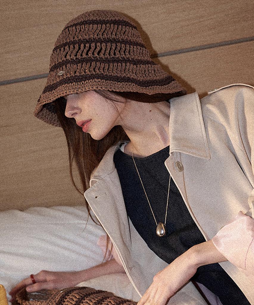 Seullouseulloulli Moroccan Handmade Crochet Striped Bucket Hat _ Brown
