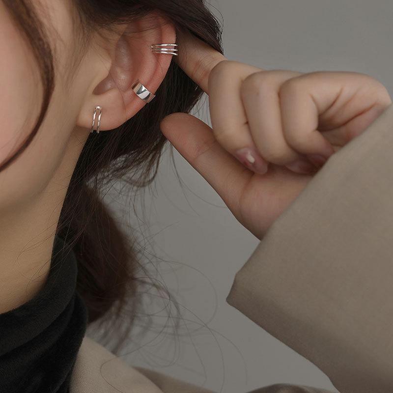 S925 Retro Ear Cuff  Stud Earrings Set - Trendy High-End Commuter Style Electroplated Silver