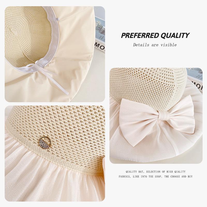 Mesh Bowknot Fisherman Hat for Women, Summer Wide Brim Lightweight Breathable Sunshade Bucket Hat for Vacation and Travel, Sun Protection Hat