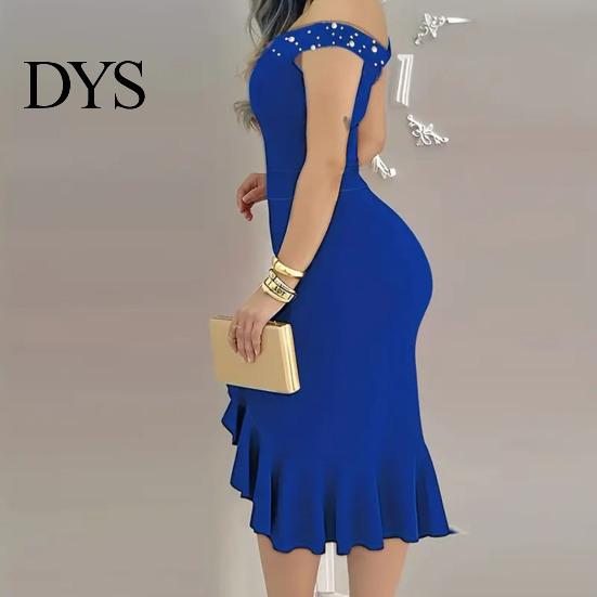 Sleeveless Dress Evening Off Shoulder Sheath Irregular Ruffle Hem Slim Fit Solid Off-the-shoulder Gown Color Faux Pearl Decor Midi for Party