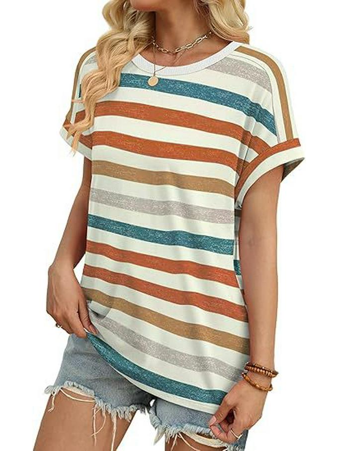 Temu 2023 Women's Colorful Striped Round Neck Pullover Casual T-shirt