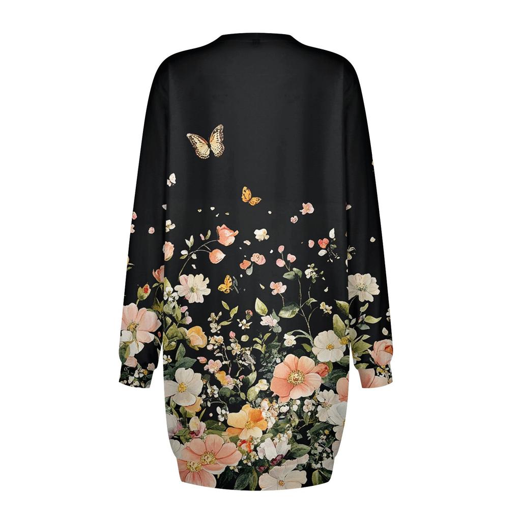 Damen Rundhals Vintage Blumendruck Langarm Wickelkleid Sweatshirt Kleider