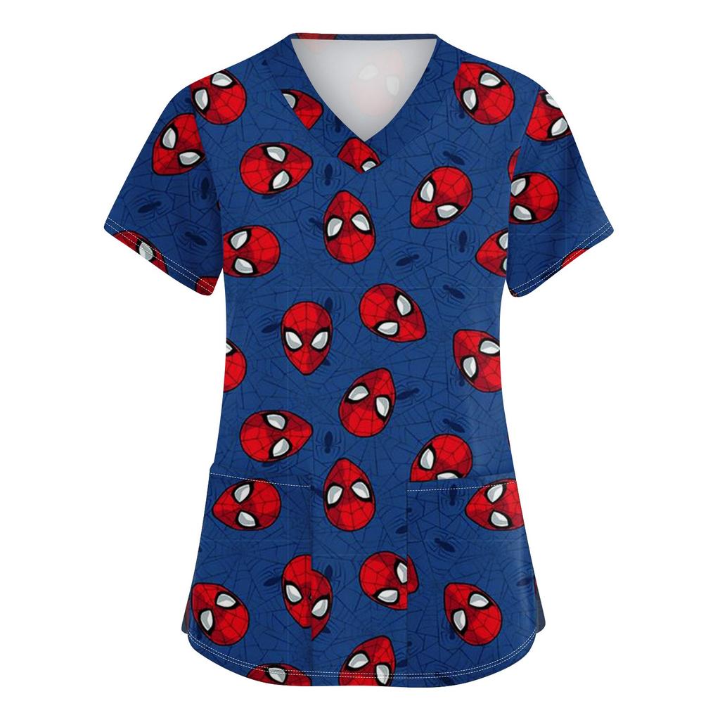 Women's Fashion V-neck Short Sleeve Workwear With Pockets Printed Tops