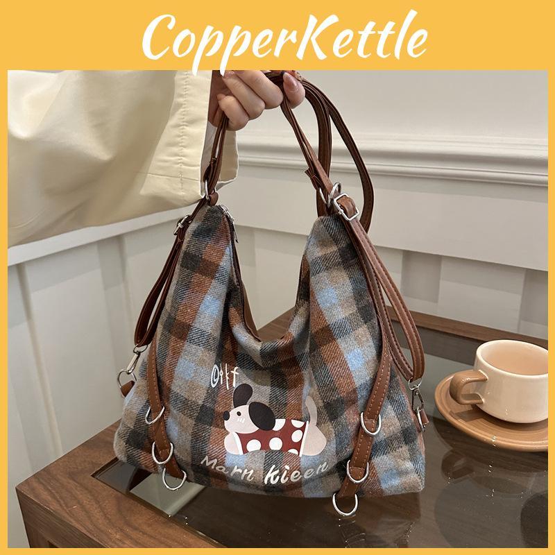 Kieen Marn Letters Cotton Tote Bag Plaid Pattern Soft Structure Travel Work