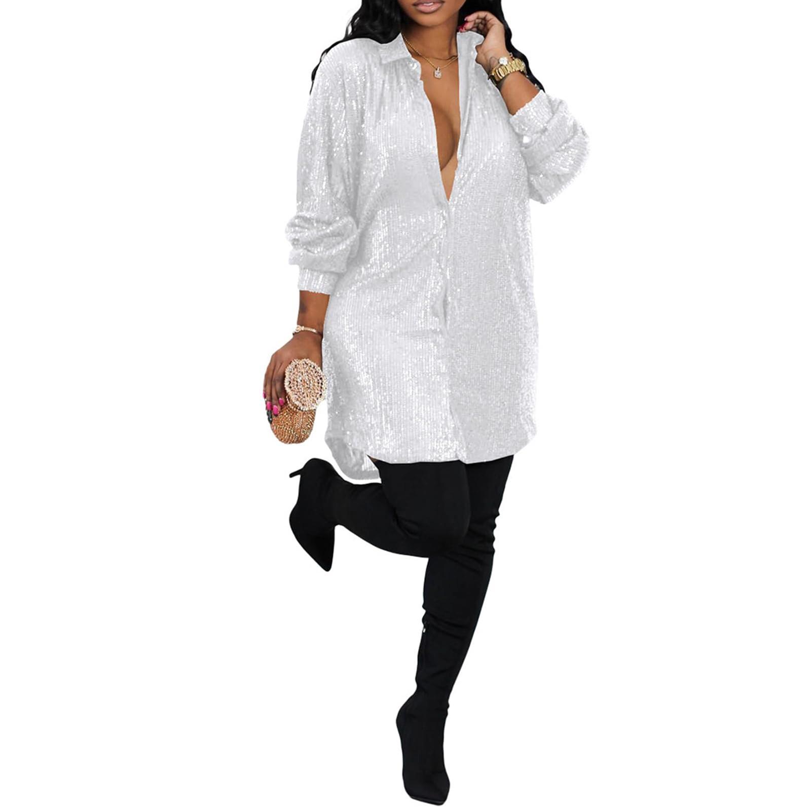 

Женское свободное платье-рубашка на пуговицах с пайетками и длинными рукавами для вечеринок и клубов S