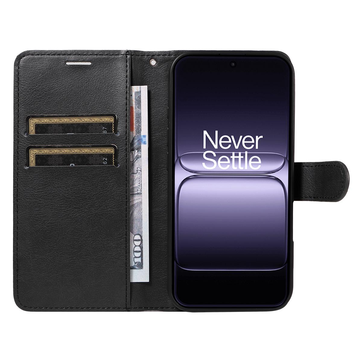 

For OnePlus 13T 5G Leather Wallet Case with Strap Solid Color Phone Stand Cover Black