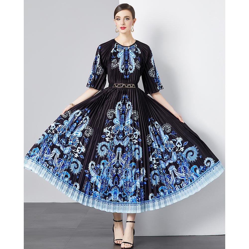 

Летние женские элегантные брендовые дизайнерские винтажные принты с цветочным принтом, свободные длинные длинные макси-платья со складками и поясом One Size синий