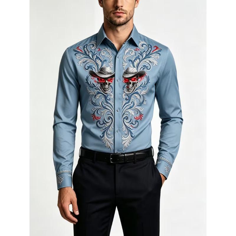 New men's long sleeved shirt with wine red gold chain diamond shaped 3D pattern printing, slim fit collar single shirt