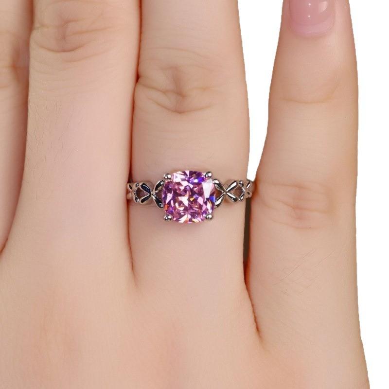 New popular niche premium zircon ring white gold pink square edge cross ring women