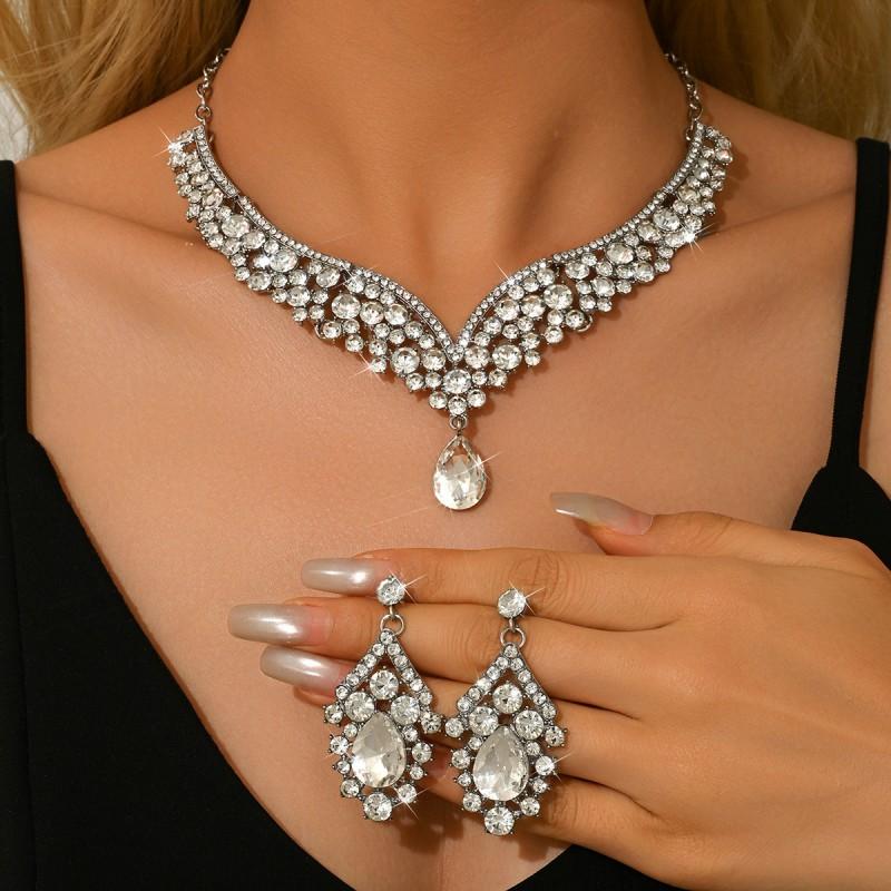 Vintage Rhinestone Statement Necklace Set Women Bold Party Jewelry With Earrings Alloy Chain Heart/Drop/Bell Pendant