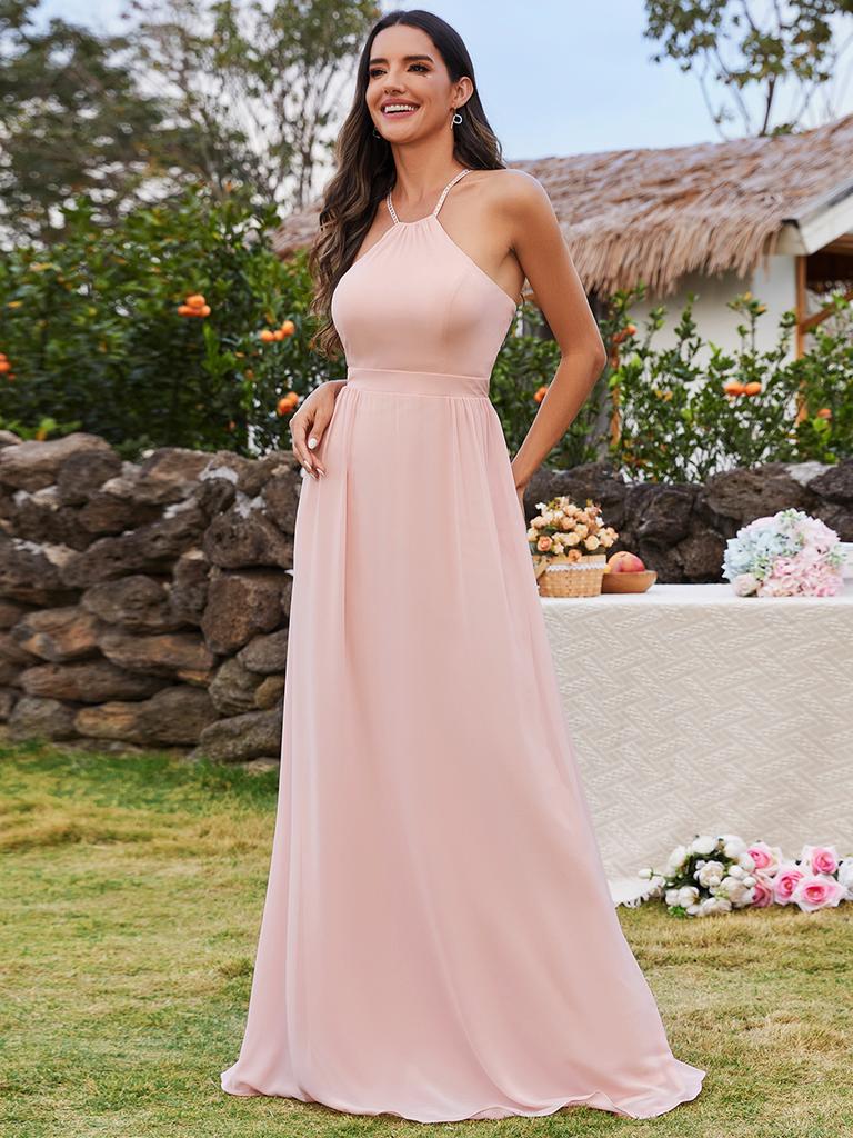 Ever-Pretty Women's Elegant Belly Collar Halter Neck Spaghetti Straps Chiffon Bridesmaid Dresses with Back Lotus Leaf Stream