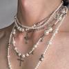 Hot Selling Goth Rose Flower Imitation Pearl Cross Pendant Necklace for MenMulti Layers Simulated Pearl Aesthetic Vintage Luxury