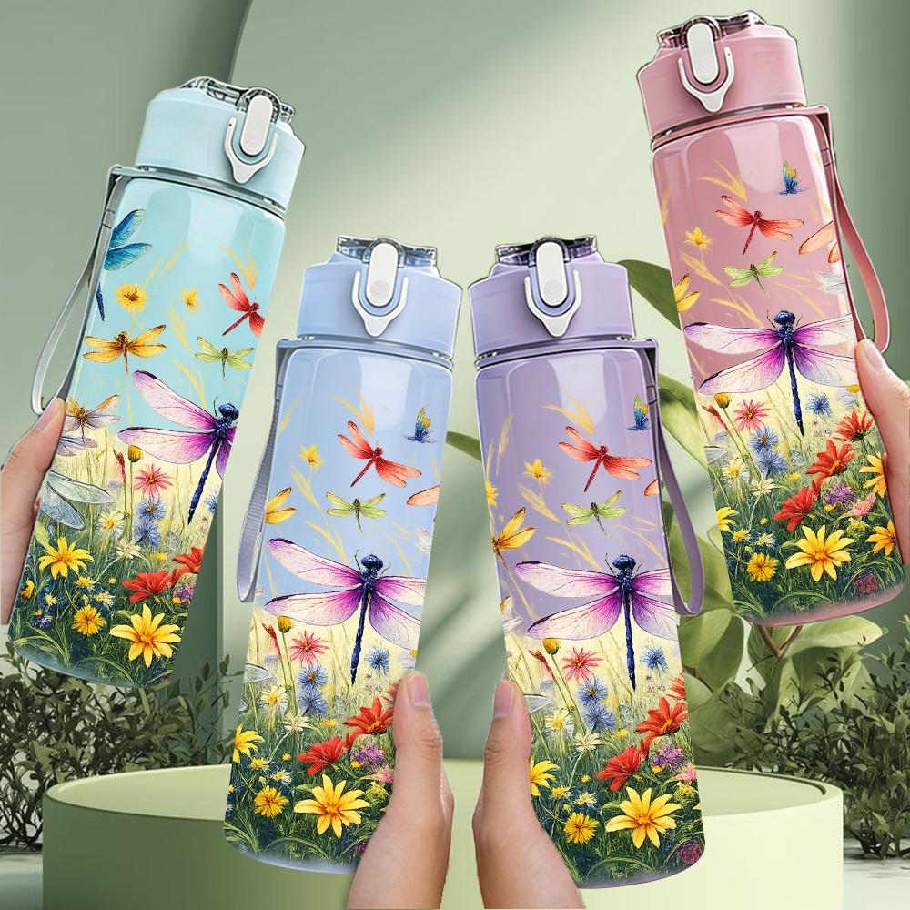 1PC Dragonfly Wildflower Meadow Print 750ml Color Plastic Sports Water Bottle Leakproof Flip Straw Lid Suitable for Sports Office Home Use